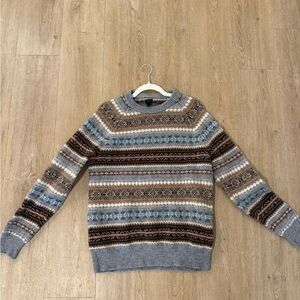 J. Crew Men's Gray and Brown Patterned Crewneck Sweater Large wool
